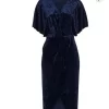 Stunning Navy Blue Velvet Wrap Look Dress Shows L but runs small Size S-M