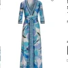 Ocean Print Center Slit Maxi Dress Blue Multi XXS
