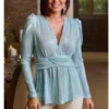 Metallic Pleated Knit Long-Sleeve Top Light Blue Sizes XXS,Xs, S, L