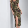 Camo Maxi Dress with Twist Front Size S Brand New