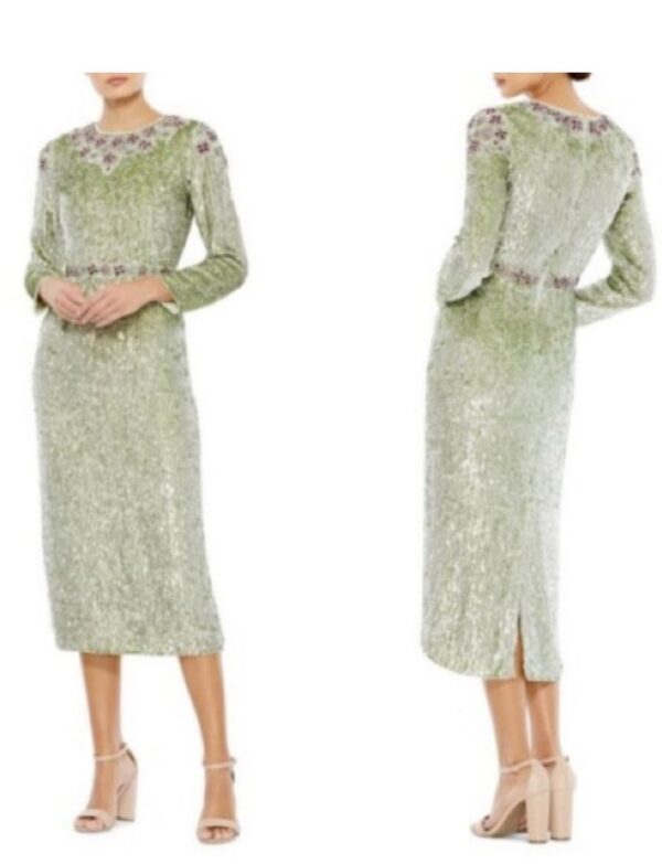 Mac Duggal Floral Beaded Tea-Length sage sequin long sleeve dress size 4. NWT