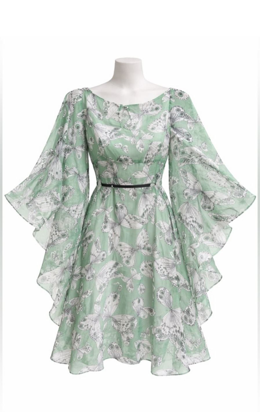 Smak Parlour Green Butterfly Print Dress Size Small Kimono Sleeves Back Zipper