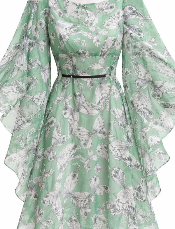 Smak Parlour Green Butterfly Print Dress Size Small Kimono Sleeves Back Zipper